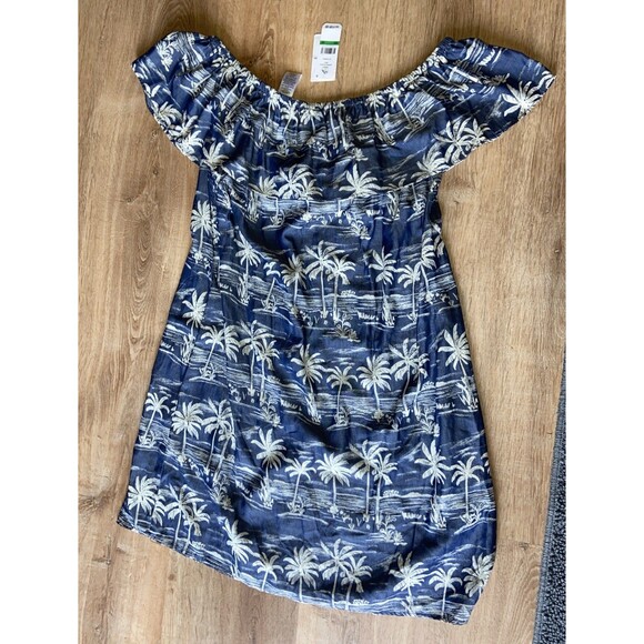 NWT Tommy Bahama Blue Palm Trees Off The Shoulder Ruffle Dress pockets L Large - Picture 2 of 8